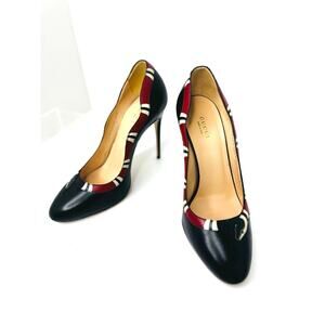 Gucci Yoko Black Red Snake Leather High Heel Pumps Pointed Toe EU 38.5